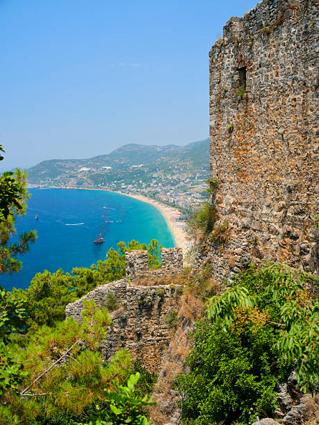 An ancient stone structure stands above a vibrant blue bay, offering stunning views of the Mediterranean sea coast. The Temple of Apollo (Turkish: Apollon TapÄ±naÄÄ±), located in Turkey, adds historical charm.