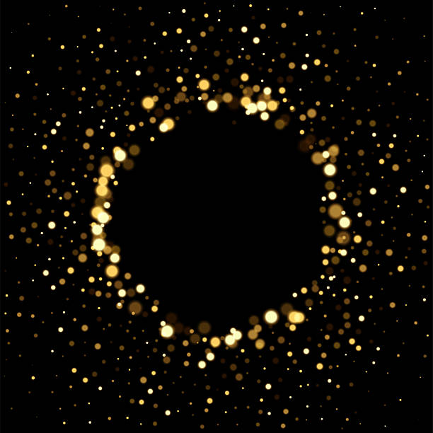 istock Glowing golden glitter circular frame. Abstract shape of scattered light particles on black. Vector illustration with festive bokeh effect and luxury celebration design. Shimmering decoration border 2236823451