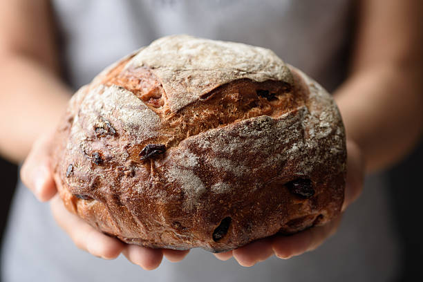 istock Freshly baked sourdough bread is held in a woman's hand 2236832996