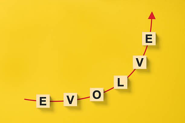 istock Wooded cube block on yellow background with word EVOLVE and copy space for your text 2236839903