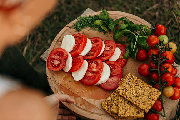 Caprese salad with tomatoes and mozzarella slices picnicking outdoors