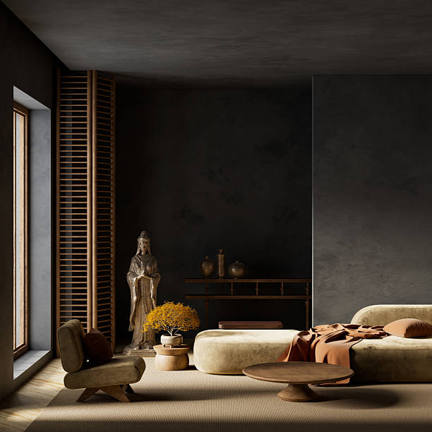 istock Japandi living room interior with dark elegance. 3D illustration 2236852294