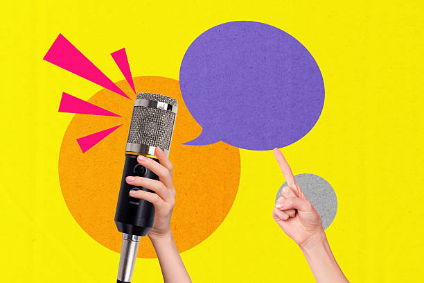 istock Trend artwork composite 3D photo collage design of hand finger point speech cloud think mind note balloon message microphone podcast talk 2236855176
