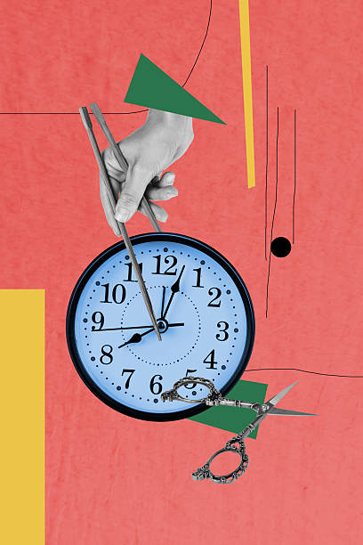 istock Trendy 3d image artwork pop trend collage of human hand hold chopsticks cut time scissors deadline expire timetable interval 2236855716