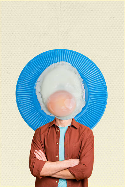 Surreal breakfast-themed collage human head replaced by fried egg plate as funny healthy eating concept