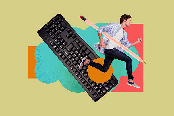 istock Collage of funny business person relax coffee retro computer keyboard keys text programming code in work concept 2236858628