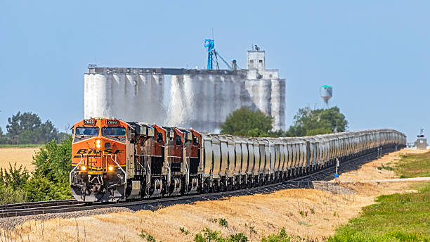 Walton KS, United States - June 16, 2018: In rural Kansas, a long and heavy BNSF grain train with four diesel locomotives hard at work, passes a huge grain storage facility (silos/elevators) that dominates the background. Telephoto view.