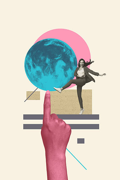 istock Composite 3D collage trend design of supermoon planet orbit astrology luna hand gesture finger point touch moon young woman smile dance 2236859122