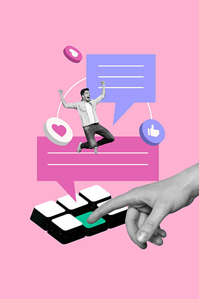 istock Composite collage template sketch of young man excited jump huge hand finger press button like social blogging digital internet subscribe 2236861049