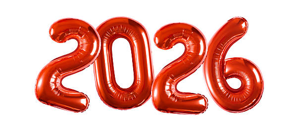Red inflatable balloons shaped as the numbers 2026, reflective metallic surface catching light, elegant festive look, isolated on a clean white background, perfect for holiday or New Year celebrations
