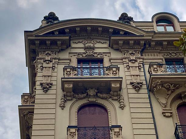 istock Balcony With Scrolled Brackets, Allegorical Figure Head Keystone,  Acanthus Garlands, Open Pediment Roof. 2236868199