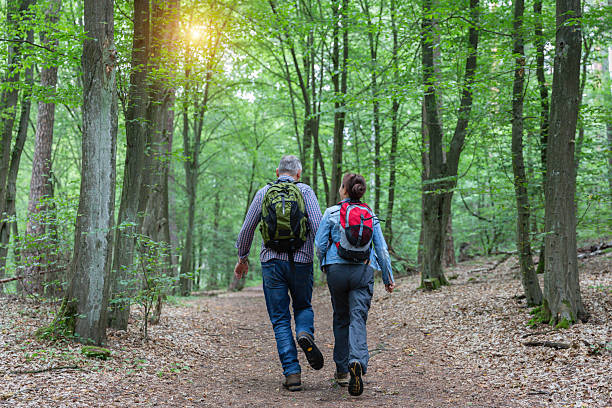 Hiking - senior couple walking through the forest