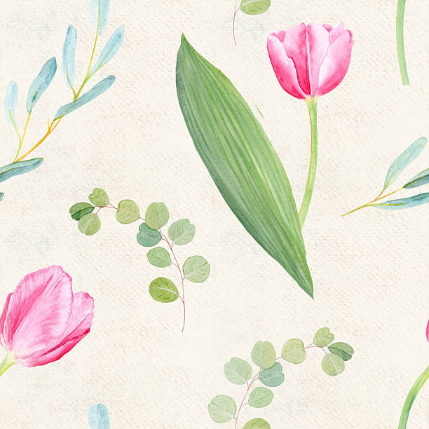 istock Pink tulips with eucalyptus leaves watercolor seamless border 2236886973