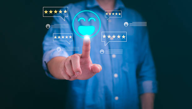istock Client satisfaction feedback positive service reviews and ratings for online engagement building trust in brand quality emphasizing user smiles and star ratings 2236892064