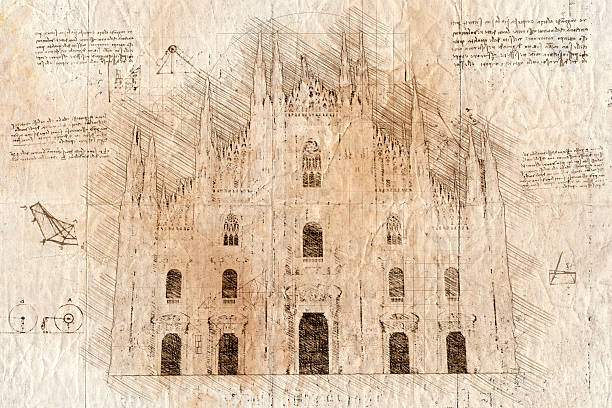 Duomo di Milano in da Vinci sketch style based on photo created with photoshop and design elements are photoshop stamps