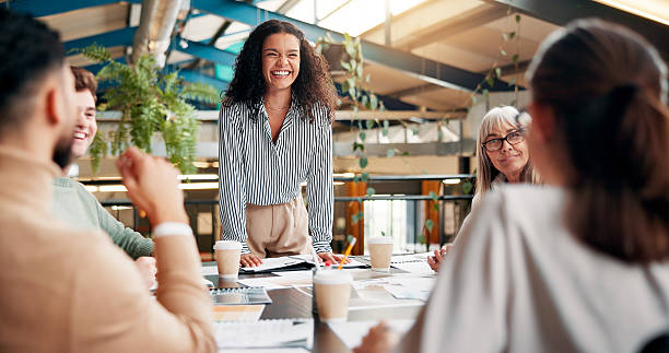 istock Presentation, teamwork and woman with smile, ideas and planning for project, media and creative company. Business, reporter and brainstorming for article in boardroom, people and happy for journalism 2236900537