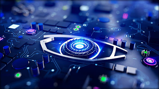 Futuristic digital technology screen on the eye stock photo