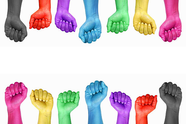 Multicolor Hand Showing Raised Fist Gesture on White Background.