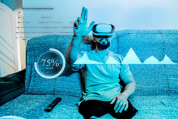 Mid adult man with amputee legs using virtual reality glasses with AI data interface at home