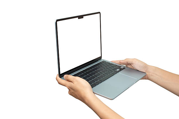 A person's hands are holding a modern laptop with a blank white screen, The image is isolated on a pure white background, making it perfect for adding custom graphics, text, or screenshots to the screen.
