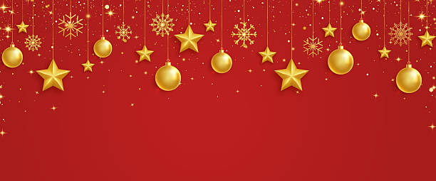 istock Gold balls, stars and snowflakes frame. Celebration red background. Bright Holiday ornament. Luxury hanging baubles. Christmas 3d gold glass toys. Festive glitter design elements. Vector illustration 2236922103