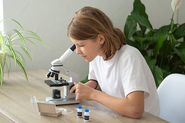istock Girl studies biology at home while examining plants through a microscope for online school activities 2236922125