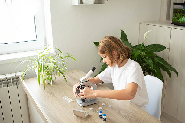 istock Girl studying biology at home with a microscope while examining plant samples during online school preparation 2236922152