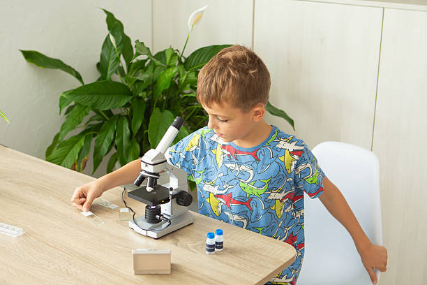 istock Little boy studies biology at home with microscope and plant samples for online education 2236922244