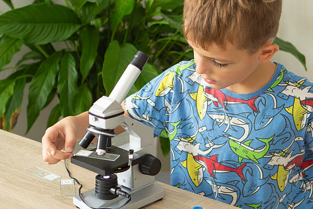 istock Young boy studies biology at home while examining plants with a microscope during back-to-school season 2236922246