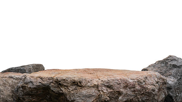 istock Brown granite rock stone isolated white stage background, Cliff mountain canyon hill edge Beige rough formation well podium floor stand display product, cosmetics, Clipping path 2236929693