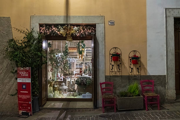 Shop window with Christmas items in Rovereto, a historic town in Trentino, northern Italy