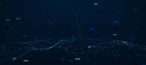 istock Abstract visualization of a digital network with glowing nodes and connecting lines forming a wave pattern on a dark futuristic background. 2236934201