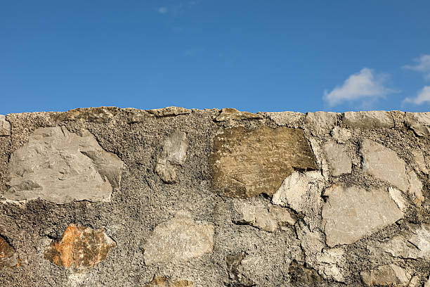 Rustic stone masonry wall set against a clear blue sky, showcasing rough natural textures and contrasting earthy tones. Perfect for backgrounds, architectural details, and construction-related themes.