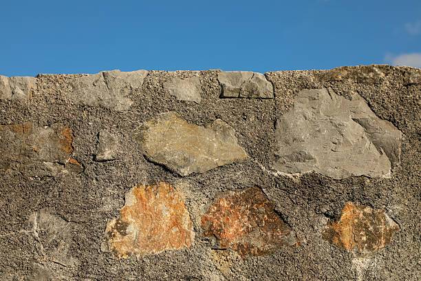 istock Weathered stone masonry wall beneath a vibrant blue sky, highlighting rugged natural textures and rich earthy contrasts. Ideal for backgrounds, architectural concepts, and construction themes. 2236934250