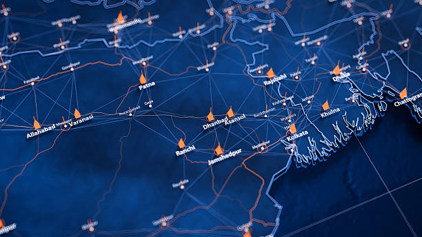 istock Dhanbad map big data visualization. Futuristic map infographic of city in India. Visual map data complexity in modern blue and orange colors 2236943888