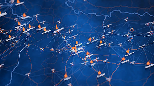 istock Meerut map big data visualization. Futuristic map infographic of city in India. Visual map data complexity in modern blue and orange colors 2236944580