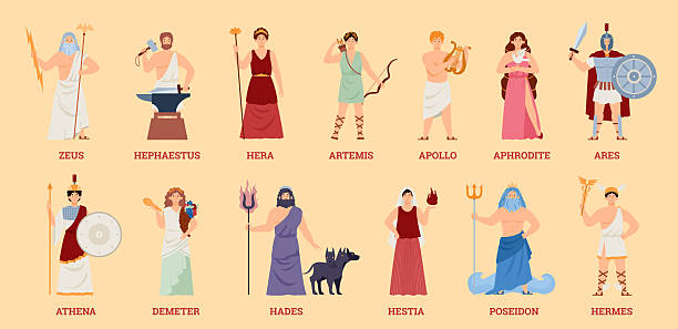 Olympian greek gods and goddesses cartoon characters set, flat vector illustration isolated on background. Greek antique mythology gods personages collection.