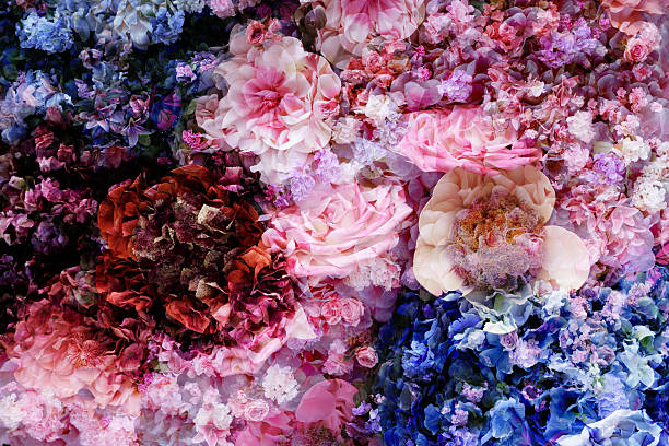 A stunning and highly artistic abstract photograph created with a multi-exposure or composite technique. The image features a dense and lush collection of different flowers, including pink roses, white and red peonies, and blue hydrangeas, all layered upon one another. The soft-focus, dreamlike quality and the intentional color bleeding create a beautiful and complex visual texture.