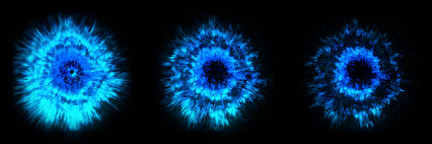 Three intense bursts of electric blue particles create a dramatic radial pattern, resembling a vibrant astronomical event or a high-powered energy. Isolated on Black. 3D render