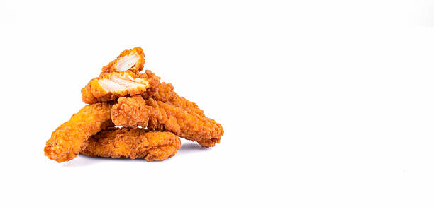 istock Fried chicken breast strips on white background. Isolated chicken crisps 2236976349