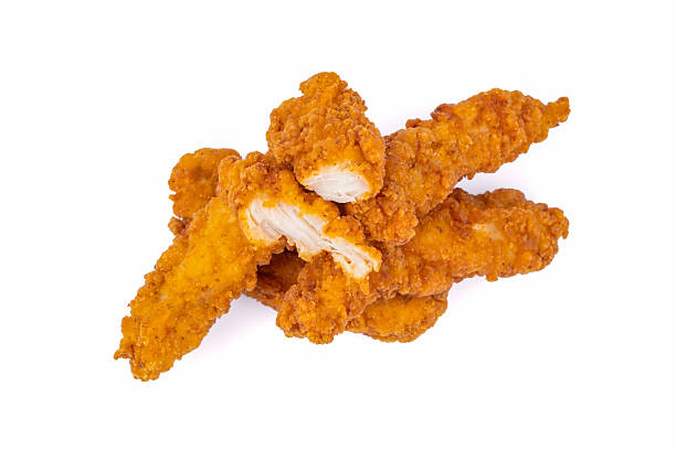istock Fried chicken breast strips on white background. Isolated chicken crisps 2236976362