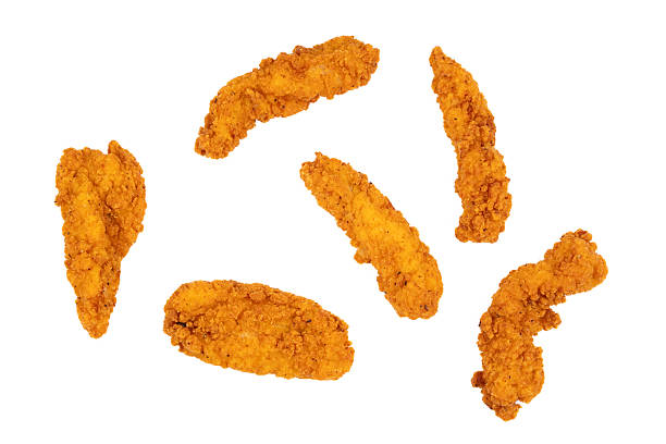 istock Fried chicken breast strips on white background. Isolated chicken crisps 2236976371