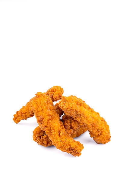 istock Fried chicken breast strips on white background. Isolated chicken crisps 2236976389