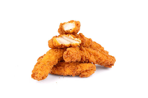 istock Fried chicken breast strips on white background. Isolated chicken crisps 2236976390