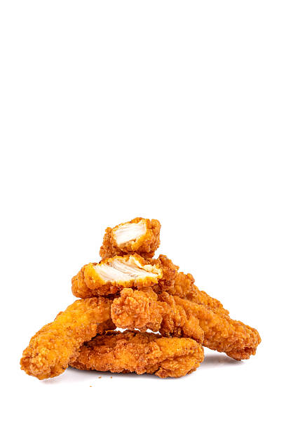 istock Fried chicken breast strips on white background. Isolated chicken crisps 2236976393