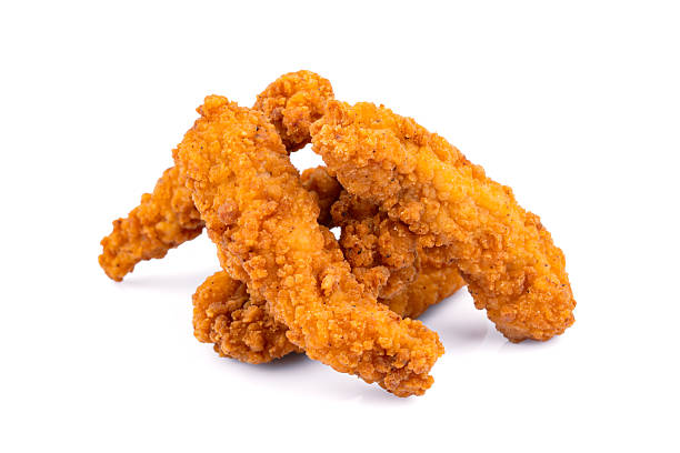 istock Fried chicken breast strips on white background. Isolated chicken crisps 2236976404