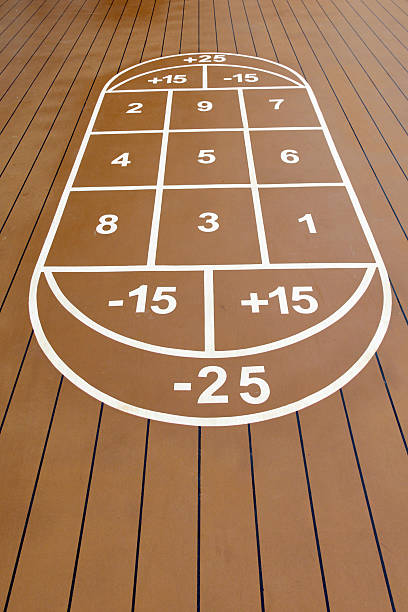View of a shuffleboard game court painted on a cruise ships deck, representing entertainment and leisure on a holiday at sea.