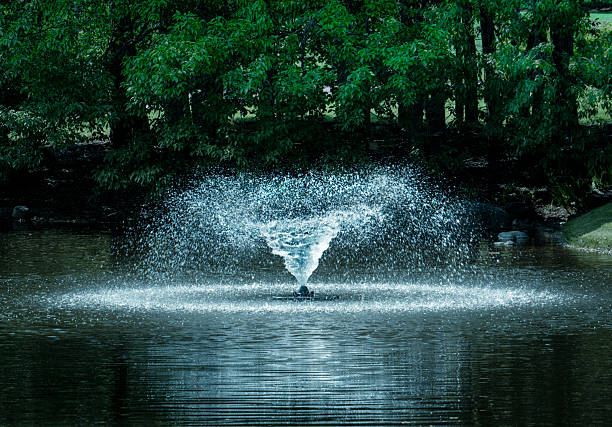 Helsinki, Finland -  June 13, 2025. A small rotating fountain in a pond in the Kumpula botanical garden, with a copse of trees in the background. (The image has been color graded for moody blue style, and some floating debris has been removed using non-AI tools. Initially submitted for Editorial, but adviced to resubmit for Creative.)