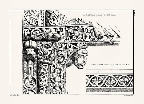 Medieval English ornaments and decorative stone carving architectural details. Antique print, 19th century.
