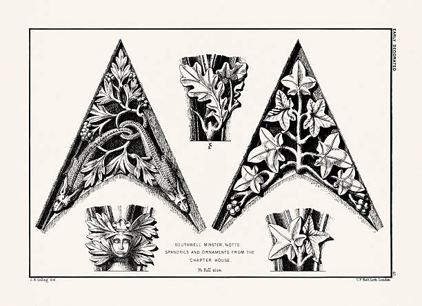 Medieval English ornaments and decorative stone carving architectural details. Antique print, 19th century.